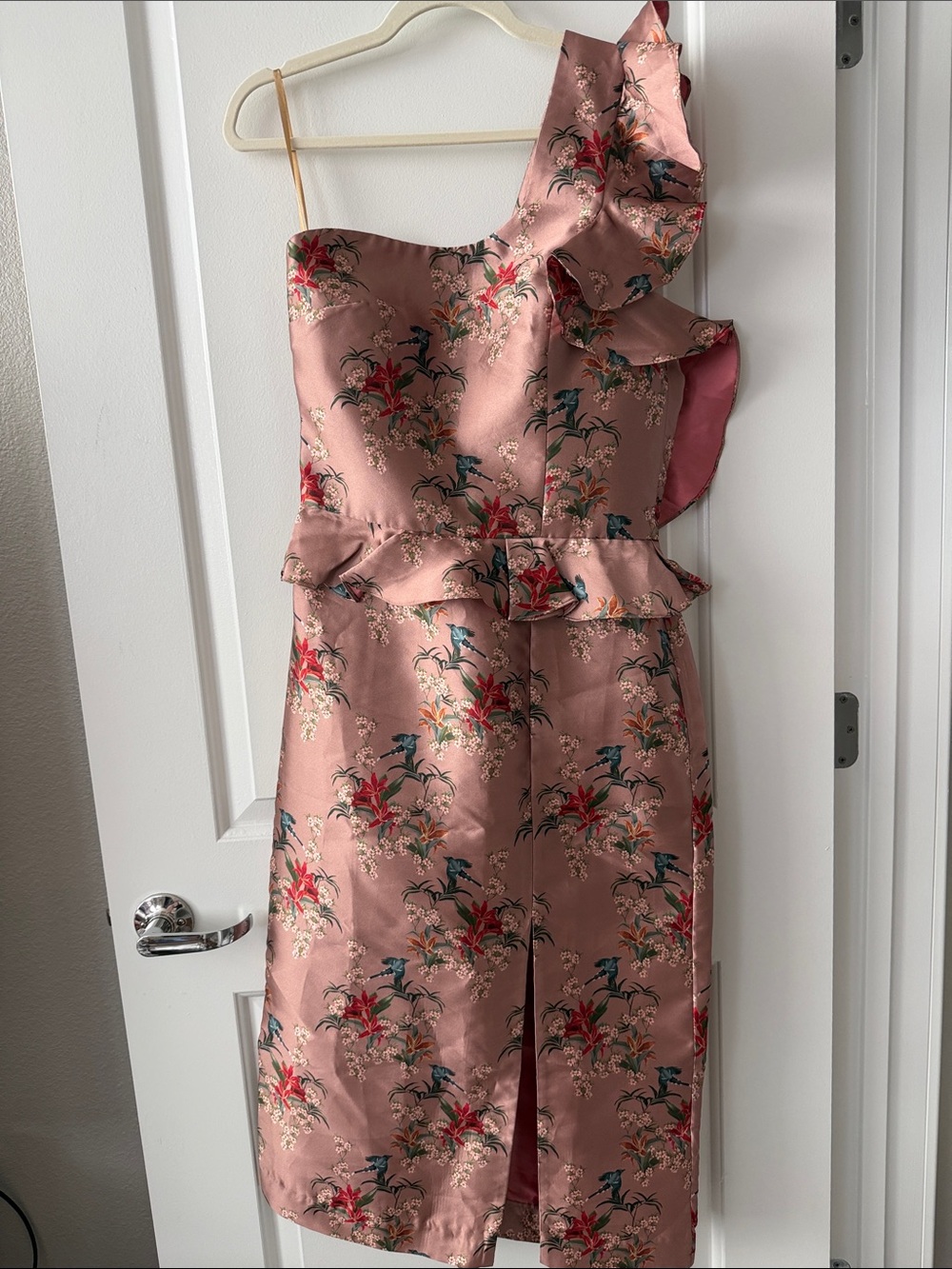 NWT Johanna Ortiz Pink Floral One-Shoulder Ruffle Dress